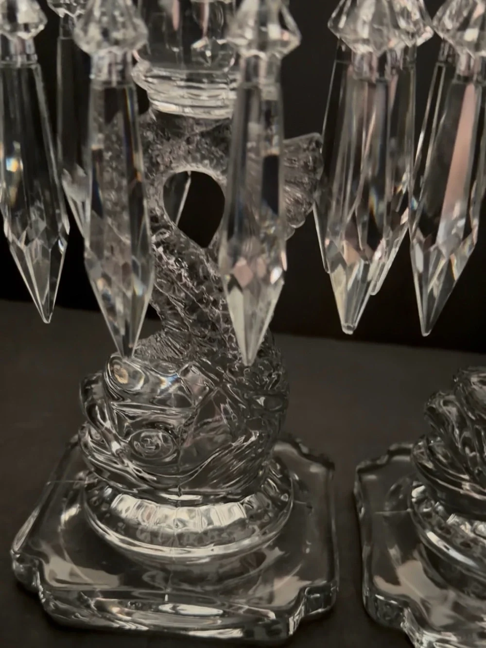 Pair of Cambridge Glass Candle Holders Fish Figure Bases w/Crystal Prisms 9,5